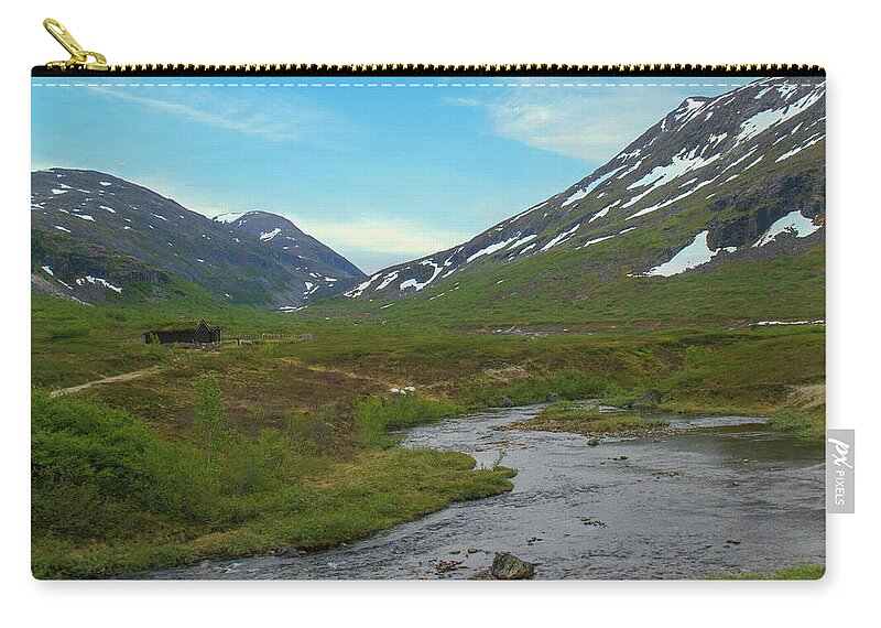 Blue Sky Zip Pouch featuring the photograph Mountain Cabin in Norway by Matthew DeGrushe