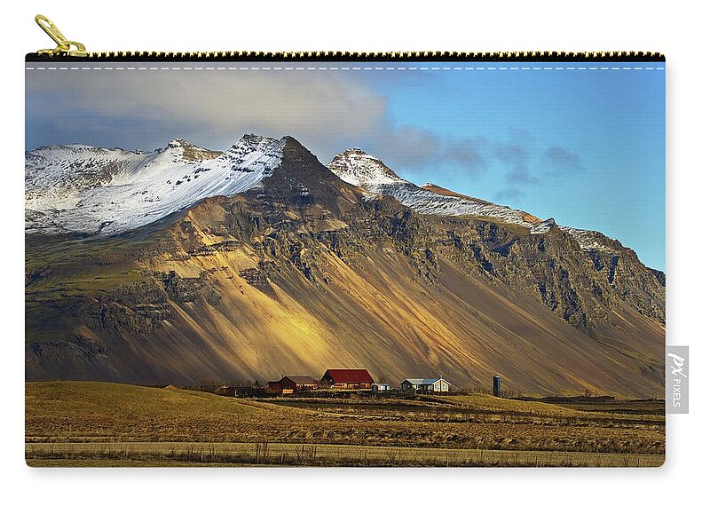 Iceland Zip Pouch featuring the photograph Mountain farm by Christopher Mathews