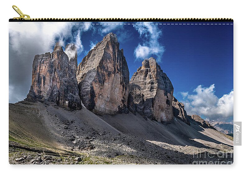 Alpine Zip Pouch featuring the photograph Mountain Formation Tre Cime Di Lavaredo In The Dolomites Of South Tirol In Italy by Andreas Berthold