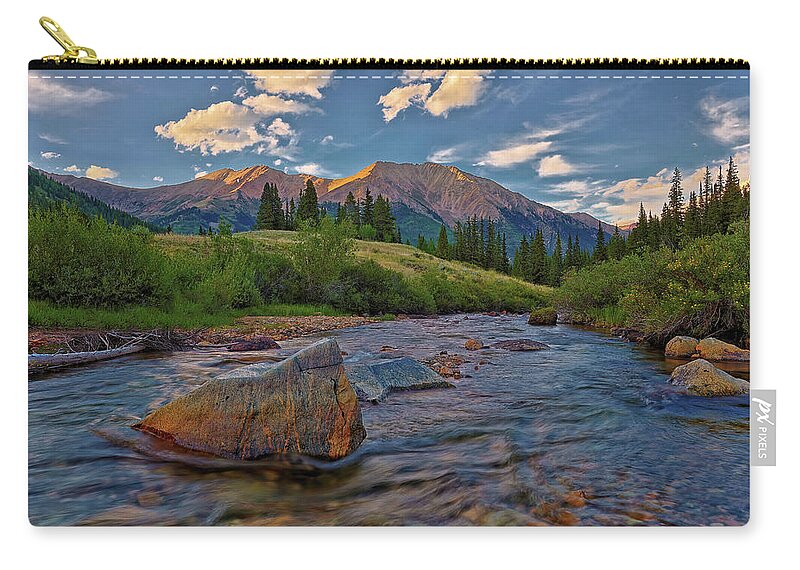 Colorado Zip Pouch featuring the photograph Mountain River Sunset by Bob Falcone