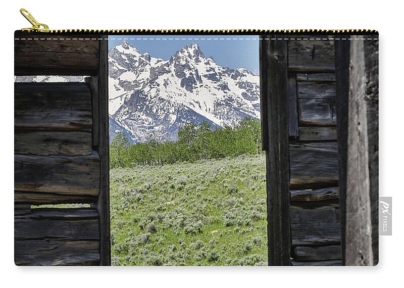 Barn Window Mountain View Zip Pouch featuring the photograph Mountains Through Cabin Window by Dan Sproul