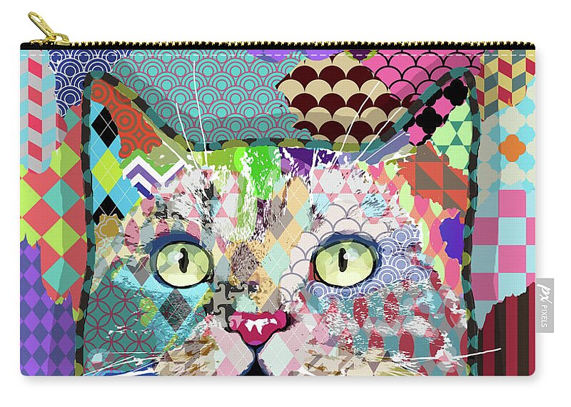 Cat Zip Pouch featuring the digital art Multicolor Cat 671 by Lucie Dumas