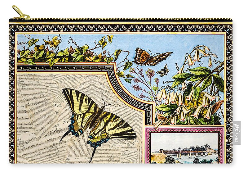 Musical Score Zip Pouch featuring the mixed media Musical score in a frame of flowers, lilies, bells with butterflies, insects, grasshopper by Elena Gantchikova