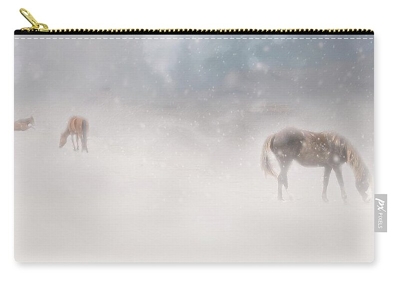 Horses Zip Pouch featuring the photograph Mustangs Grazing in Snow by Marjorie Whitley