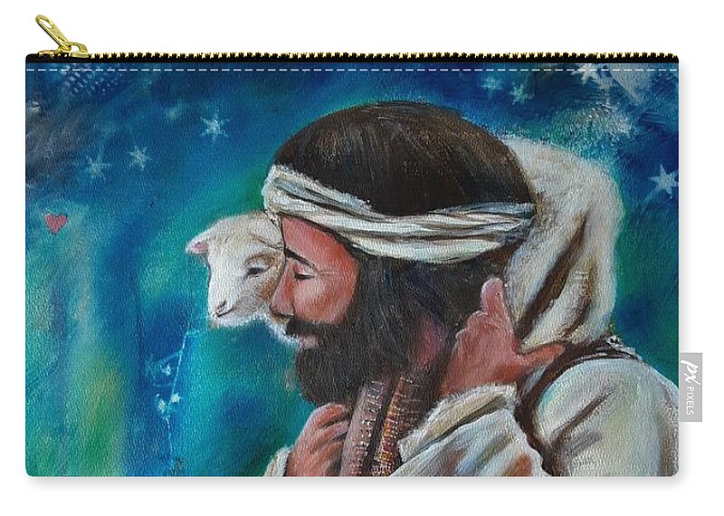 Jesus With Lamb Zip Pouch featuring the mixed media My Shepherd by Deborah Nell