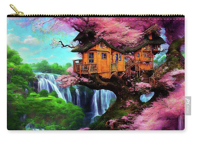 Tree House Zip Pouch featuring the digital art My Tree House in Spring by Peggy Collins