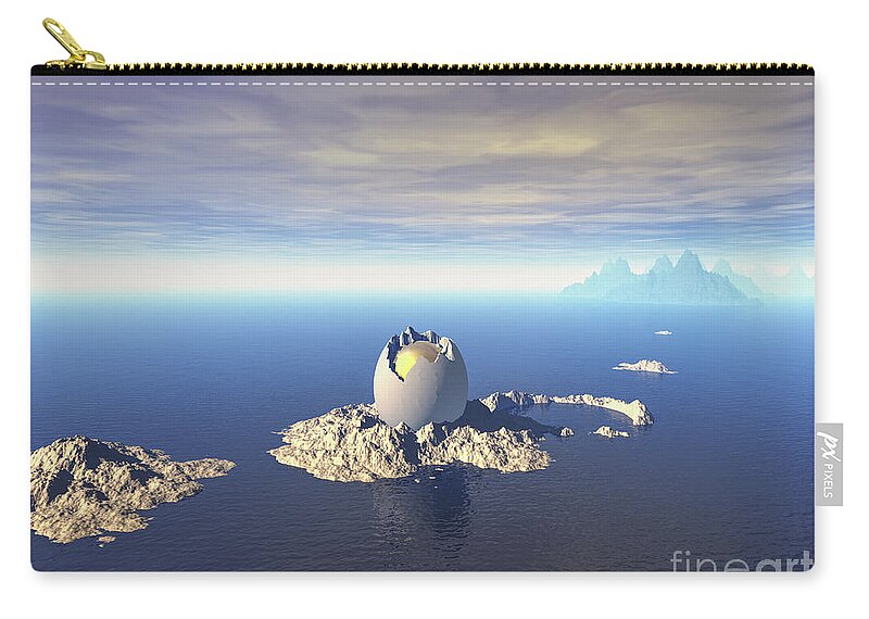 Island Zip Pouch featuring the digital art Mystery of Giant Egg At Sea by Phil Perkins