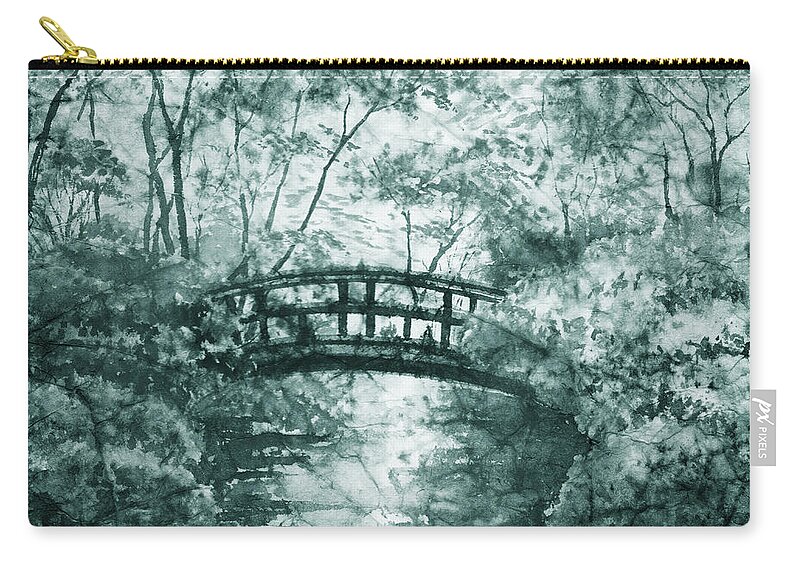 Gray Pond Zip Pouch featuring the painting Mystic Pond With Bridge Watercolor Garden In Gray by Irina Sztukowski