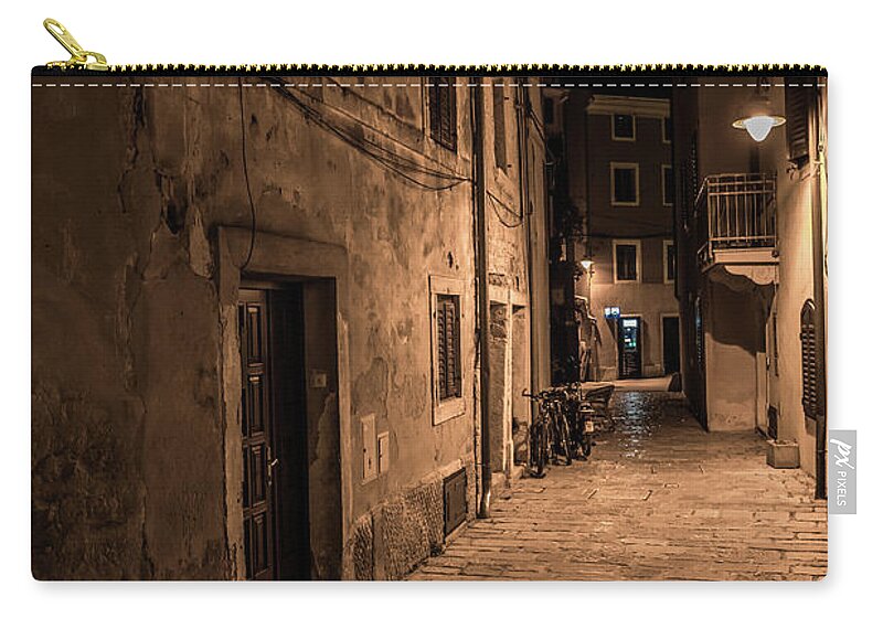 Accommodation Zip Pouch featuring the photograph Narrow Alley With Old Houses In The Village Fazana In Croatia by Andreas Berthold