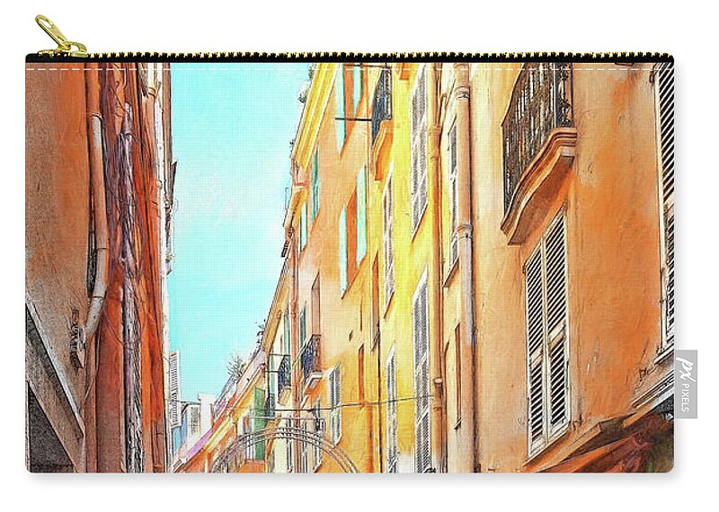 Narrow Zip Pouch featuring the mixed media Narrow busy street in Monaco #3 by Tatiana Travelways