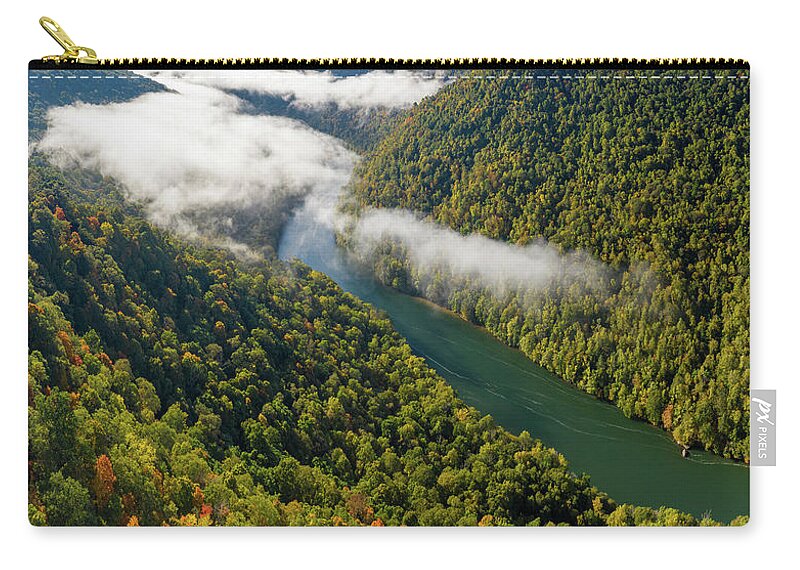 Aerial Zip Pouch featuring the photograph Narrow gorge of the Cheat River with mist by Steven Heap