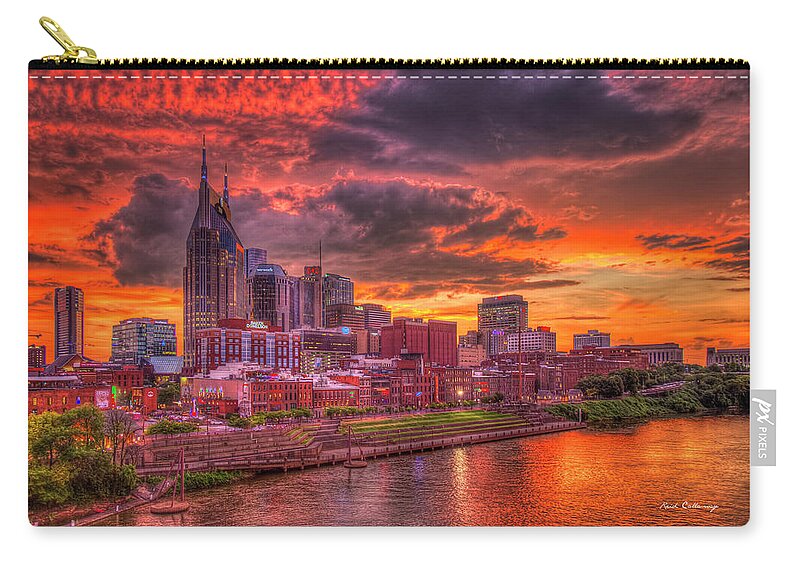 Reid Callaway Nashville Cityscape Art Zip Pouch featuring the photograph Nashville TN Music City Sunset 888 Broadway Street Architectural Cityscape Art by Reid Callaway