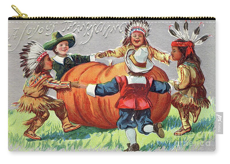 Thanksgiving Zip Pouch featuring the digital art Native and Pilgrim children dancing around a pumpkin. by Pete Klinger