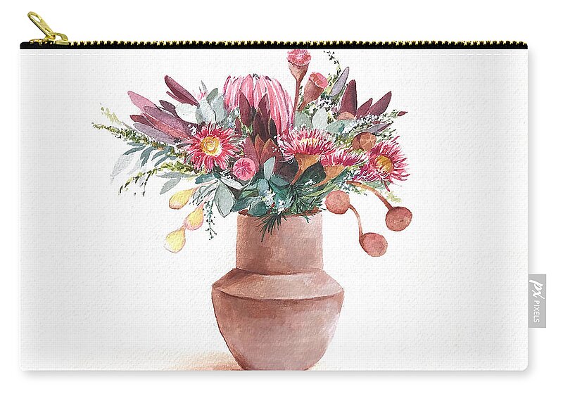 Australian Flowers Zip Pouch featuring the painting Native Flowers Still Life in Vase by Chris Hobel