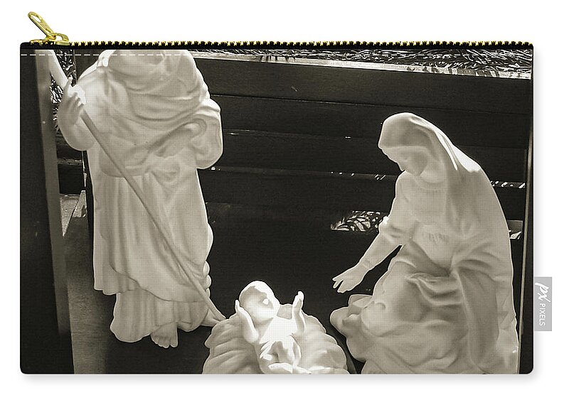 Nativity Mary Joseph Baby Jesus B&w Zip Pouch featuring the photograph Nativity2 by John Linnemeyer