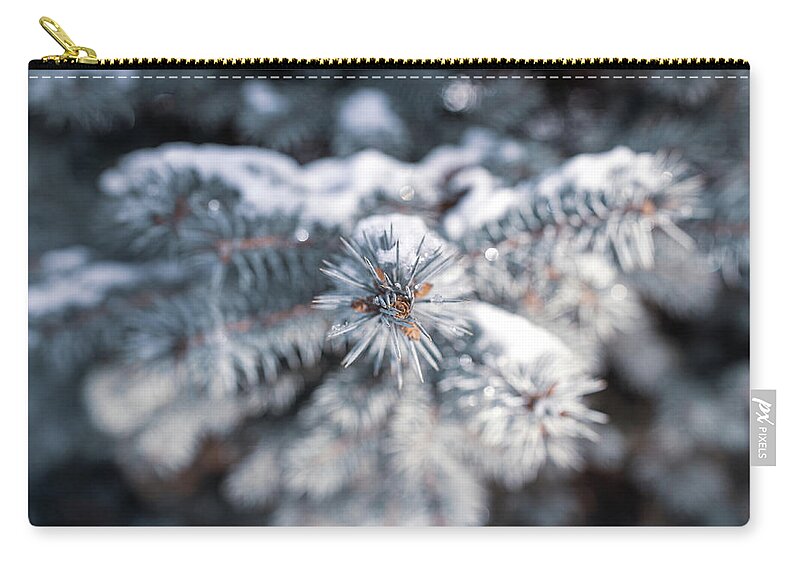 Landscapes Zip Pouch featuring the photograph Nature Photography - Snowy Evergreen by Amelia Pearn