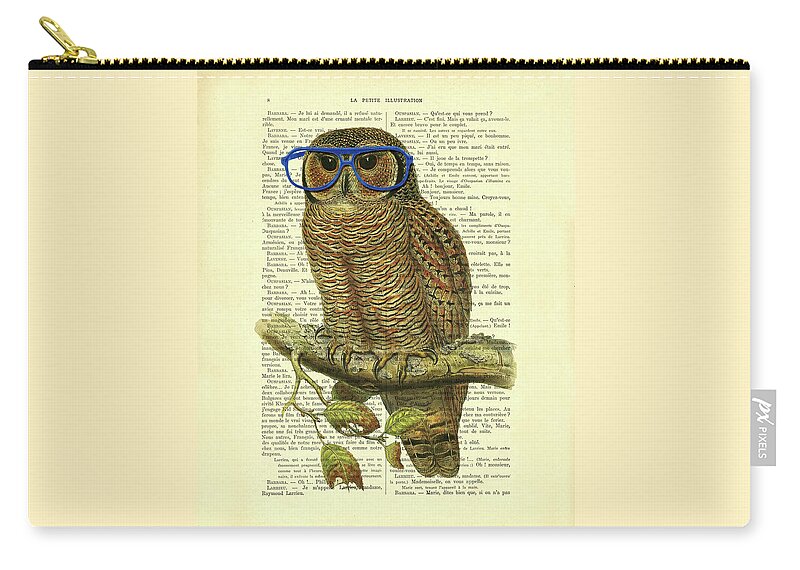 Owl Zip Pouch featuring the mixed media Nerdy owl with blue eyeglasses by Madame Memento