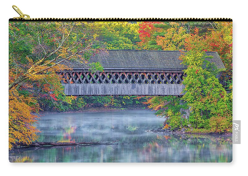 Henniker Covered Bridge Zip Pouch featuring the photograph New England Fall Foliage at the Henniker Covered Bridge by Juergen Roth
