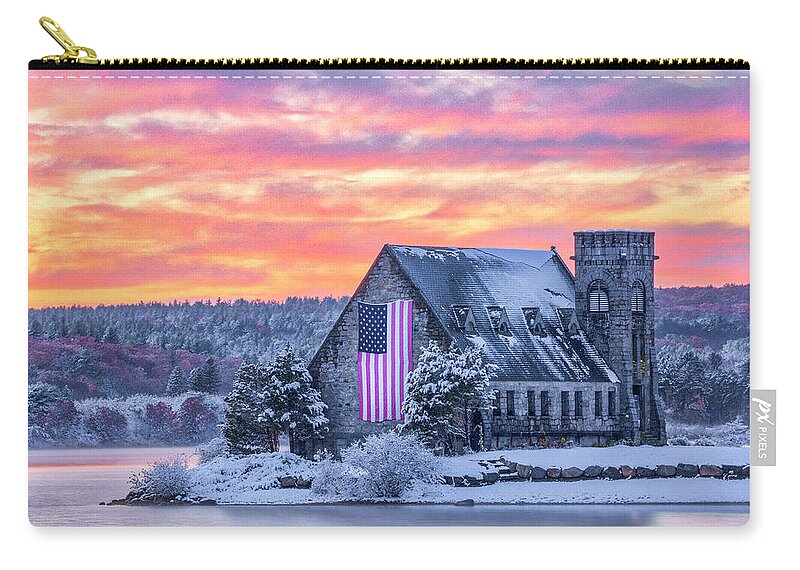 Snow Foliage Zip Pouch featuring the photograph New England Snow Foliage at the Old Stone Church by Juergen Roth