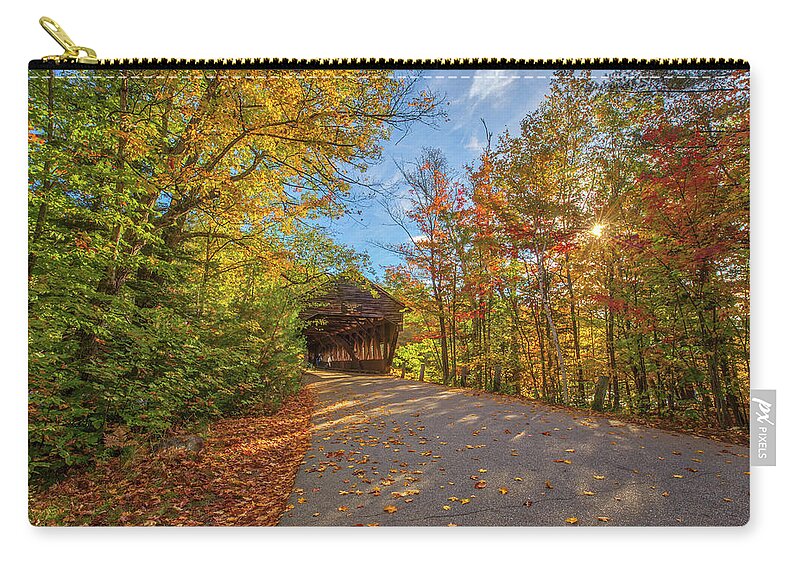 Albany Covered Bridge Zip Pouch featuring the photograph New Hampshire Fall Colors at Albany Covered Bridg by Juergen Roth