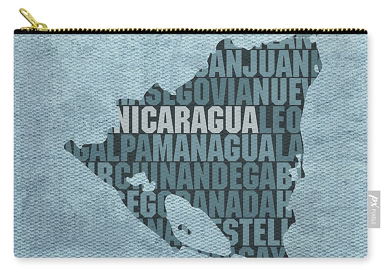 Nicaragua Zip Pouch featuring the mixed media Nicaragua Country Word Map Typography On Distressed Canvas by Design Turnpike