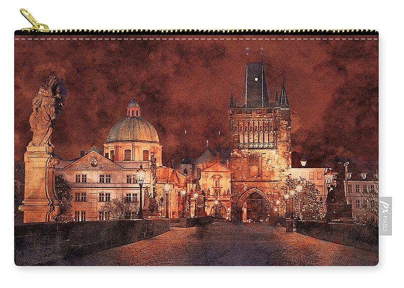 Prague Zip Pouch featuring the painting Night at Charles Bridge in Prague by Alex Mir