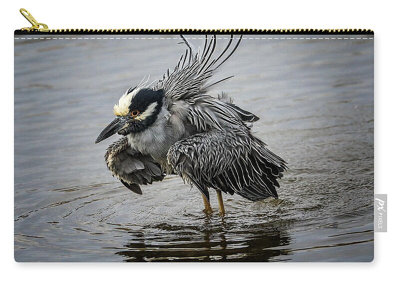 Night Heron Zip Pouch featuring the photograph Night Heron Bath by Jaki Miller