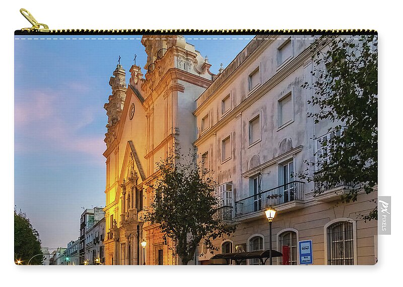 Catholicism Zip Pouch featuring the photograph Night View of del Carmen Church in Alameda Apodaca Cadiz Andalusia by Pablo Avanzini