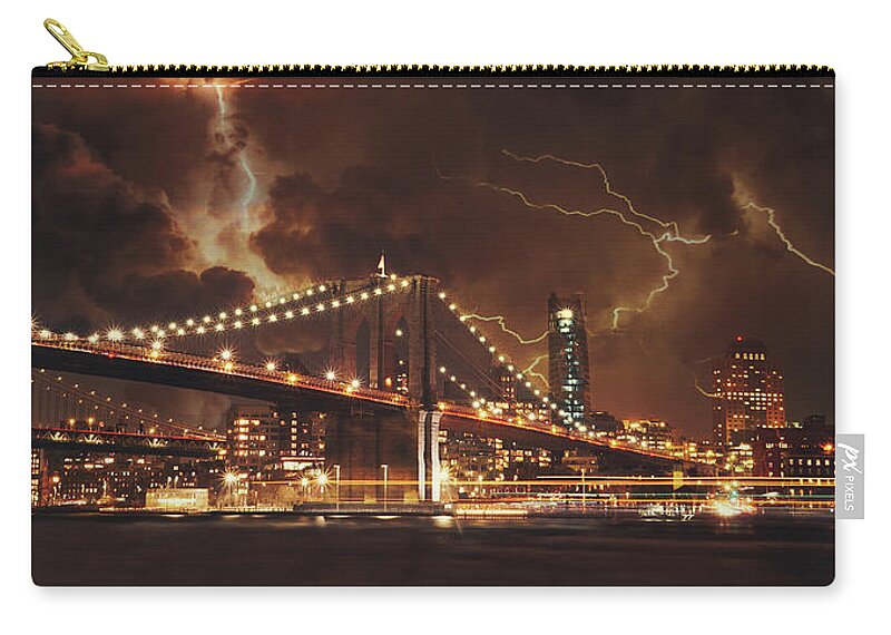  Downtown Zip Pouch featuring the photograph Lightning over the Brooklyn Bridge by Montez Kerr