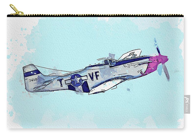 Plane Zip Pouch featuring the painting North American P-D Mustang Toulouse Nuts , Vintage Aircraft - Classic War Birds - Planes watercolor by Celestial Images