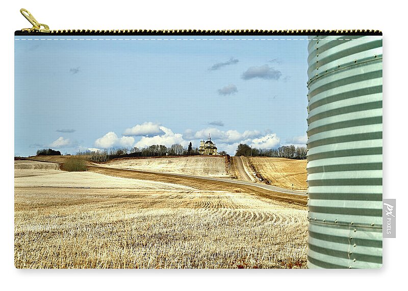 North Of Willingdon Alberta With Steel Silo 2021 Zip Pouch featuring the photograph North of Willingdon Alberta with Steel Silo 2021 by Brian Sereda