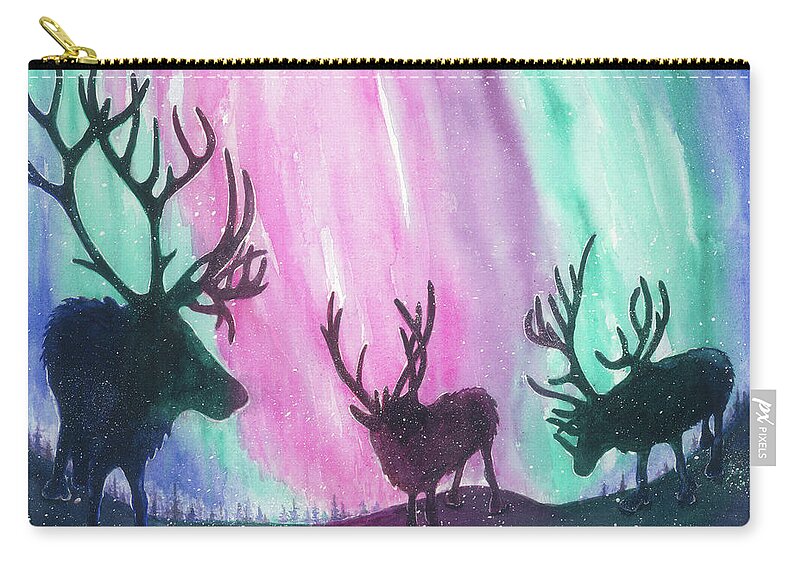 Reindeer Carry-all Pouch featuring the painting North Pole Nightlife by Lori Taylor