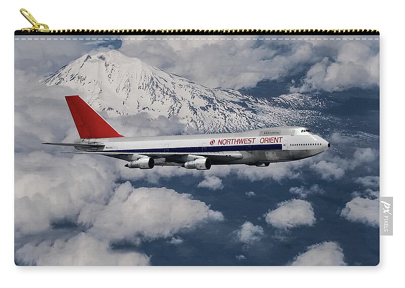 Northwest Orient Airlines Zip Pouch featuring the mixed media Northwest Orient Airlines Boeing 747 and Mt. Rainier by Erik Simonsen
