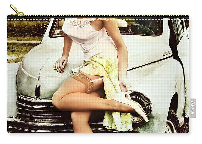 #instagram #edgalagan #galagan #edwardgalagan #nederland #netherlands #dutch #stockings #artgallery #artgalerie #fineartphotography #sexyfashion #eindhoven #stocking #car #auto #nostalgia #pinupmodel #pinupmodels #kousen #pinup #fashion #eduardgalagan #garters #sexymodel #retro #vintage #pinups #fineart #glamour Zip Pouch featuring the digital art Nostalgie by Edward Galagan