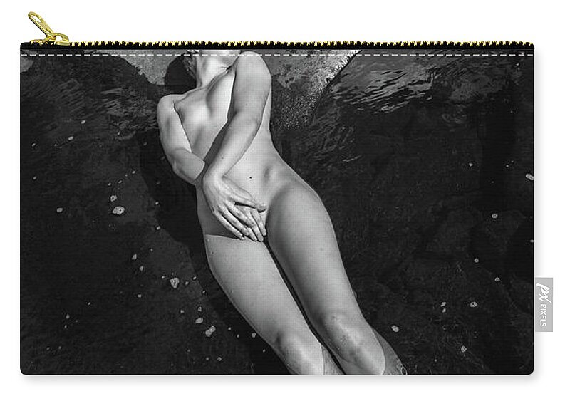 Nude Zip Pouch featuring the photograph Nude Reclining In River by Lindsay Garrett