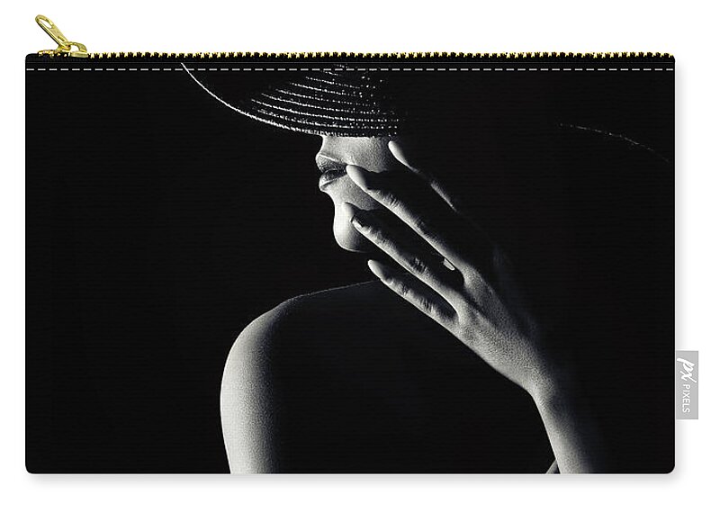 Woman Zip Pouch featuring the photograph Nude woman with black hat 3 by Johan Swanepoel