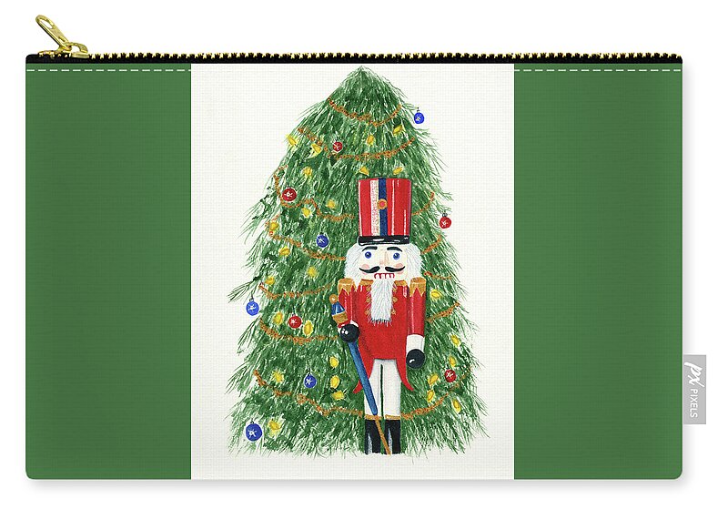 Christmas Zip Pouch featuring the painting Nutcracker standing in front of Christmas Tree by Deborah League
