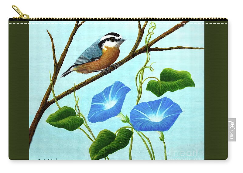 Portrait Zip Pouch featuring the painting Nuthatch and Morning Glories by Sarah Irland