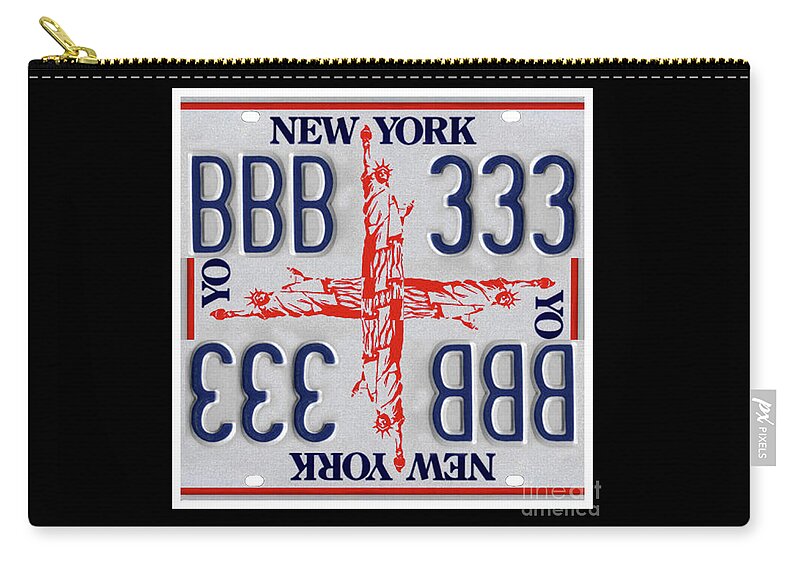 New York Carry-all Pouch featuring the mixed media NY Statue of Liberty Cross Print - Recycled New York License Plates Art by Steven Shaver