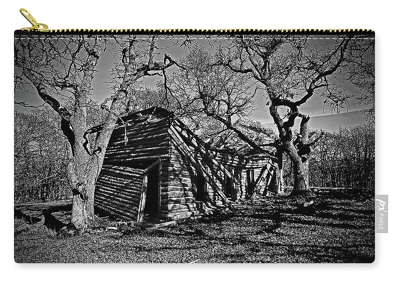  Zip Pouch featuring the digital art Oak Grove Homestead B/W by Fred Loring