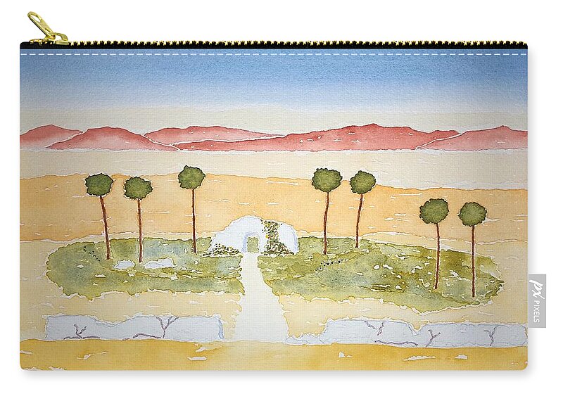 Watercolor Zip Pouch featuring the painting Oasis of Lore by John Klobucher