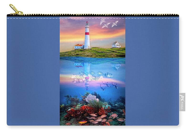 Birds Zip Pouch featuring the digital art Ocean's Jewels Lighthouse and Reef by Debra and Dave Vanderlaan