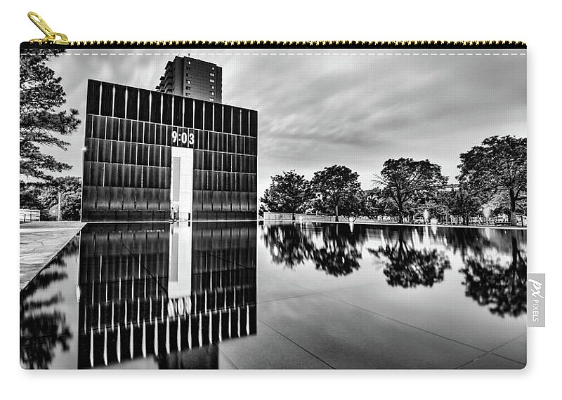 America Zip Pouch featuring the photograph Oklahoma City Gates of Time National Memorial Reflections Panorama - Black and White by Gregory Ballos