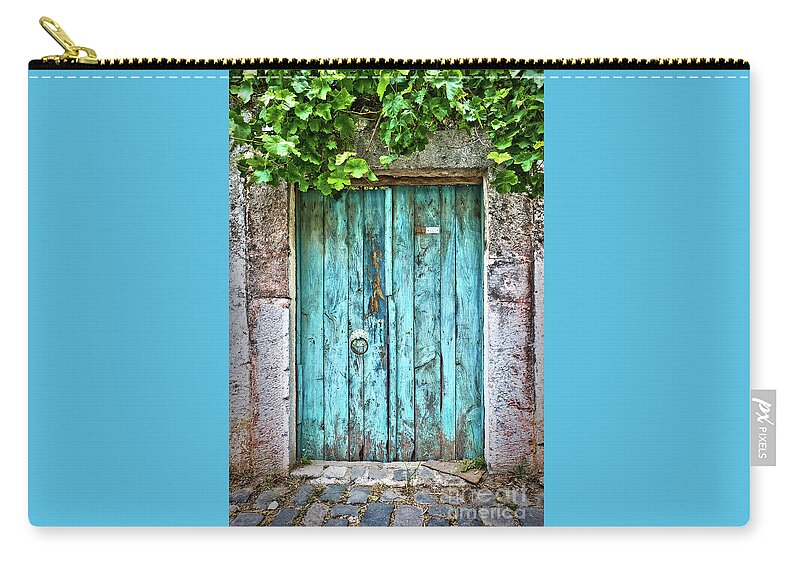 Blue Zip Pouch featuring the photograph Old blue door with vine by Delphimages Photo Creations