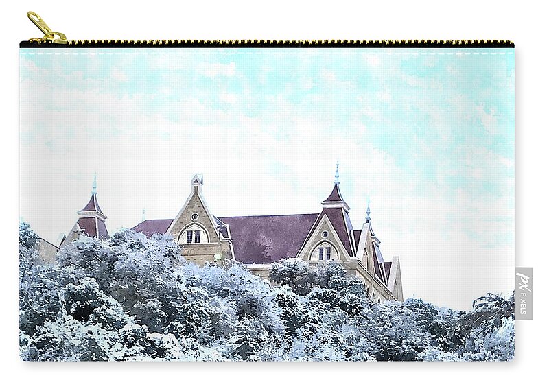 Texas State University Zip Pouch featuring the painting Old Main in the Snow by Gary Springer
