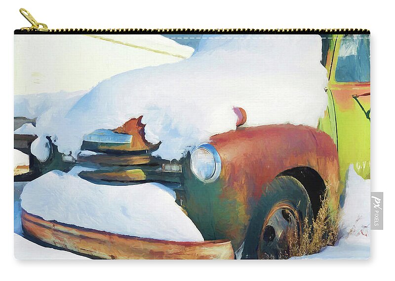 Truck Zip Pouch featuring the photograph Old rusty Chevrolet truck covered by snow in Montana #2 by Tatiana Travelways
