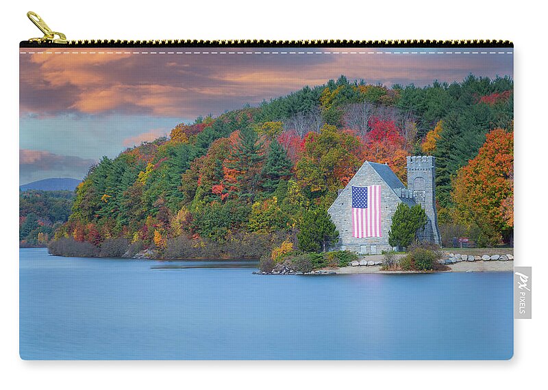 Old Stone Church Zip Pouch featuring the photograph Old Stone Church in Massachusetts fall colors by Jeff Folger