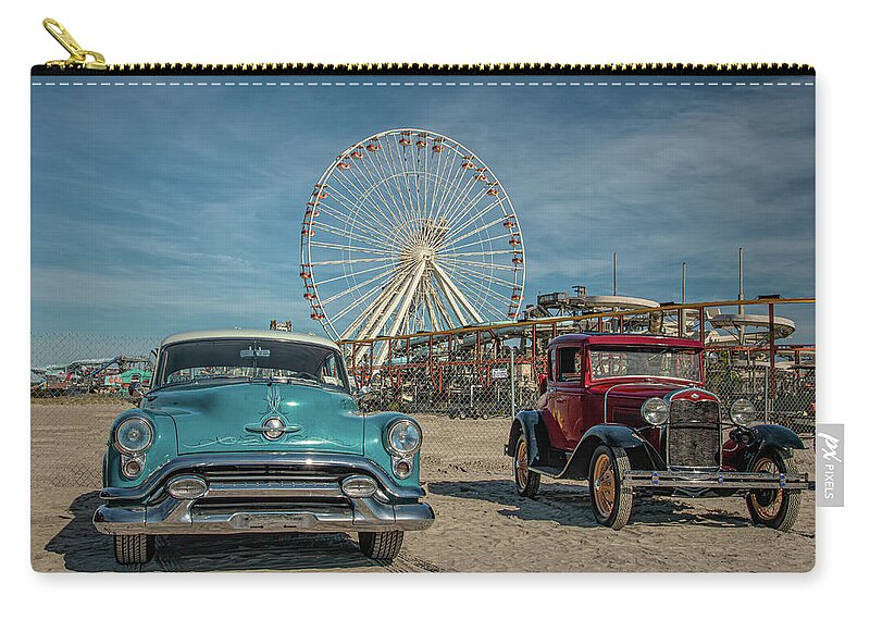 The Race Of Gentlemen Zip Pouch featuring the photograph Oldsmobile and Ford at Wildwood by Kristia Adams