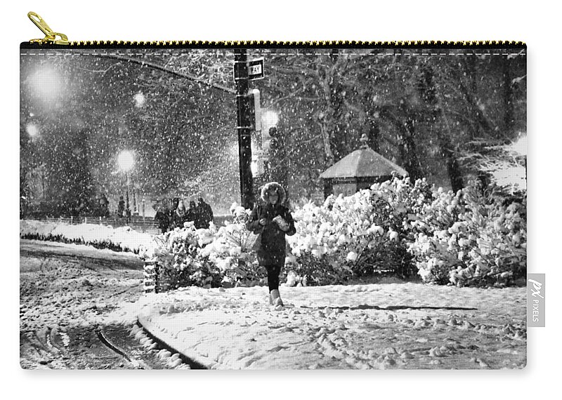 Snow Scene Zip Pouch featuring the photograph On a Snowy Night in Central Park No. 2 by Steve Ember