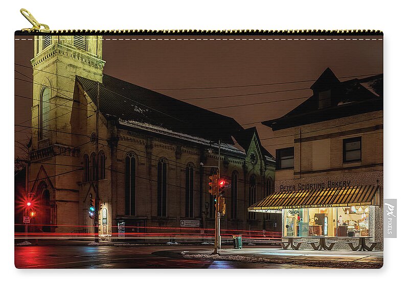 St. Hedwig Church Zip Pouch featuring the photograph On the corner - Brady Street by Kristine Hinrichs